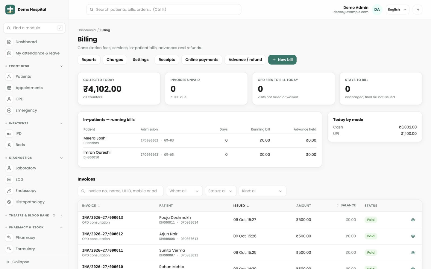 Billing desk with collections, running bills and invoices