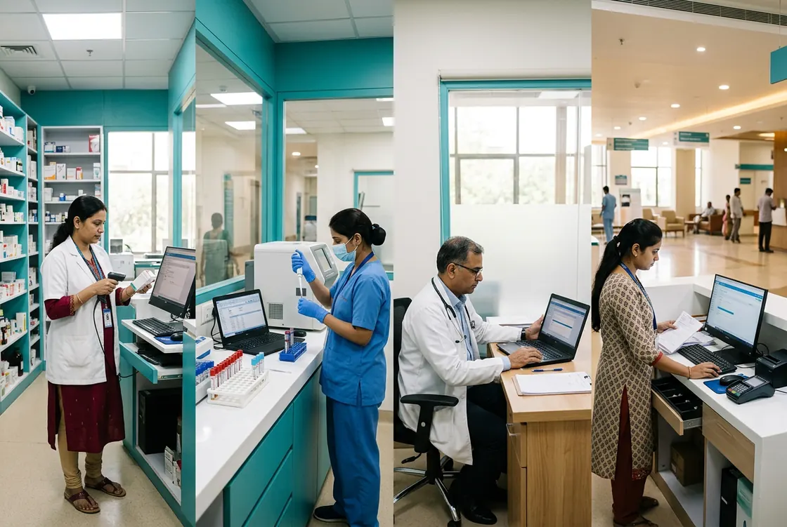 Pharmacy, laboratory, consultation room and front desk of an Indian hospital, each working on a computer