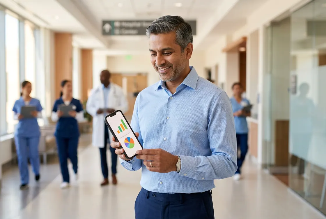 Hospital director checking the day’s figures on his phone while staff walk the corridor