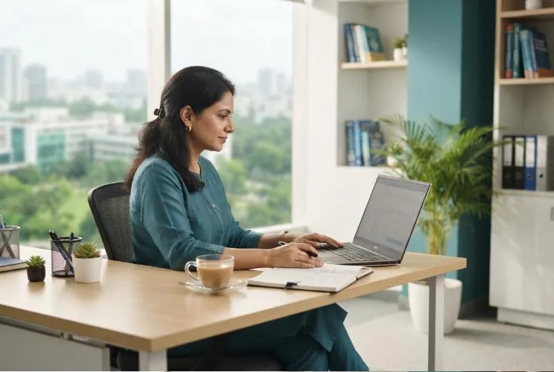 Hospital administrator reviewing records on a laptop in her office