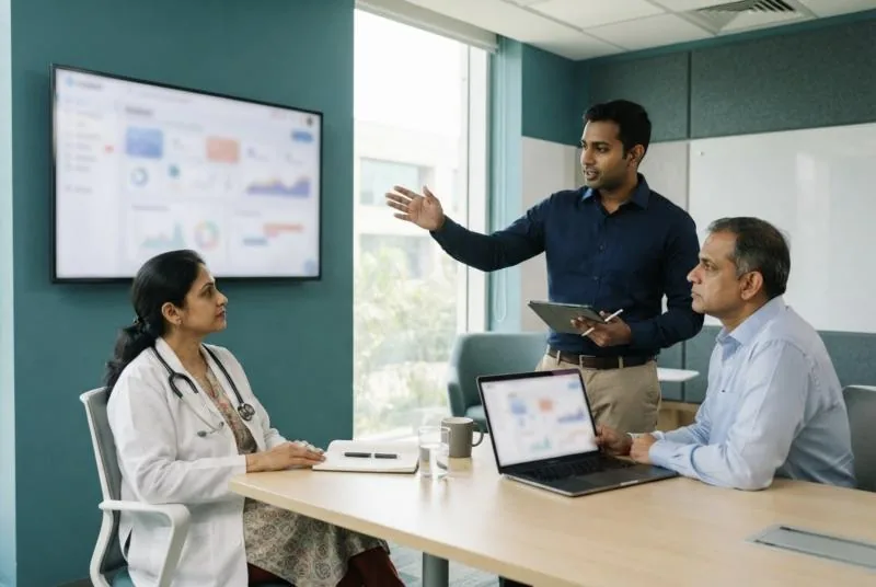 Consultant walking a doctor and a hospital administrator through the software on a wall screen